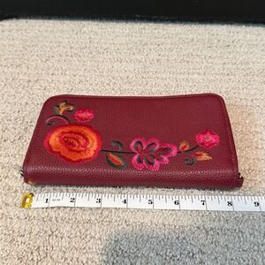 Jewell Burgundy Floral Embroidered Zip Around Wallet Boho Cottagecore Pebbled